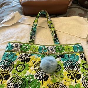 Vera Bradley Green Teal Quilted Floral Tote with Light Blue Pom